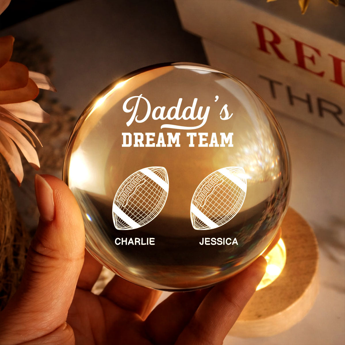 American Football Daddy's Dream Team Illusion Style - Personalized Crystal Ball LED Night Light - Gift For Dad, Husband