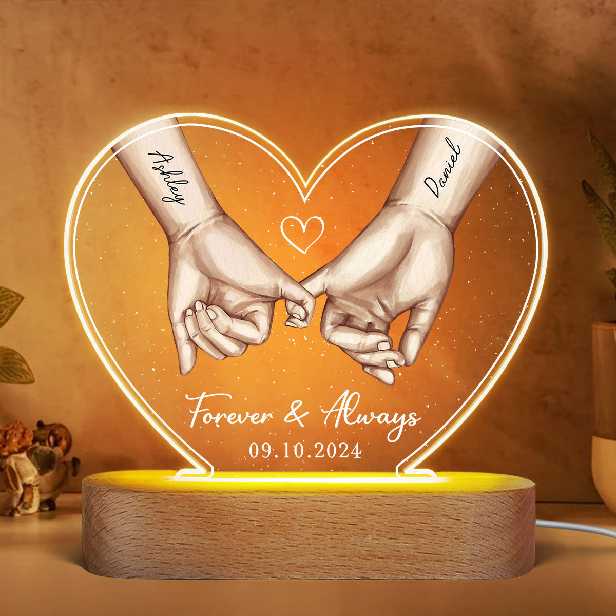 Personalized Couple Hands Pinky Promise Acrylic Heart LED Night Light, gift, Anniversary Gift for Couples
