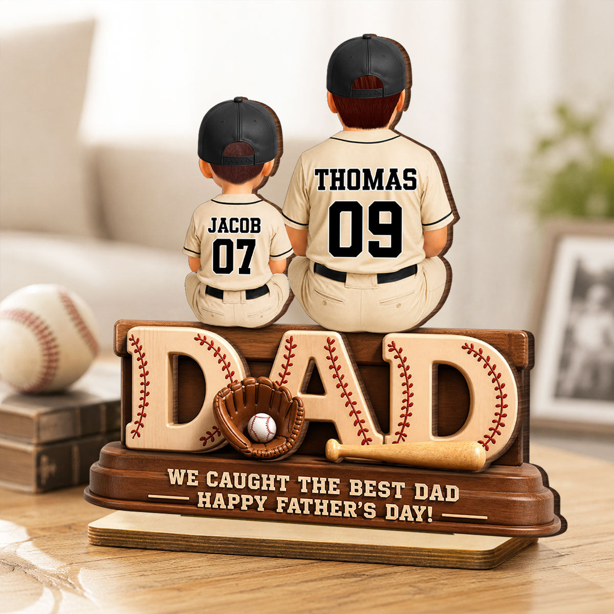We Caught the Best Baseball Dad, Dad & Kids Back View - Personalized 2-Layered Wooden Plaque - Gift for Dad, Husband