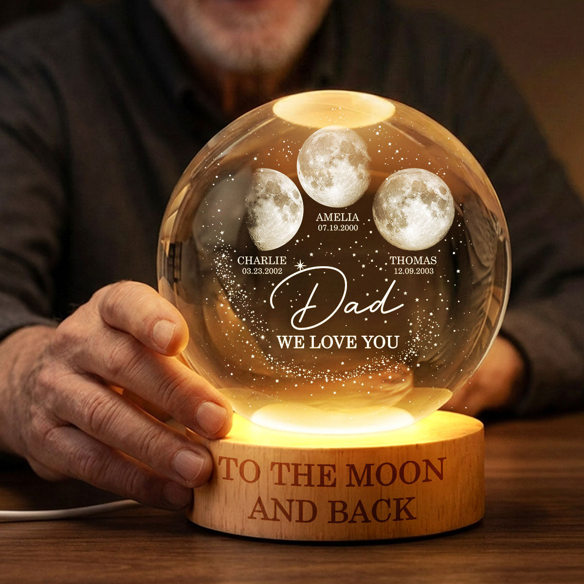 Love to the Moon and Back - Personalized Crystal Ball LED Night Light - Custom Moon Phase by Date, Gift for Dad, Husband
