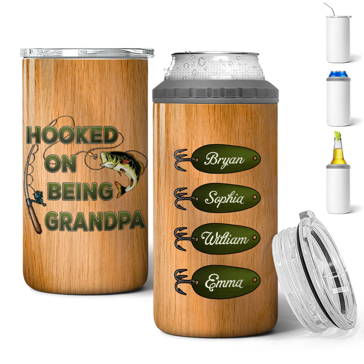 Hook On Being Grandpa Fishing Camouflage Personalized 4 In 1 Can Cooler