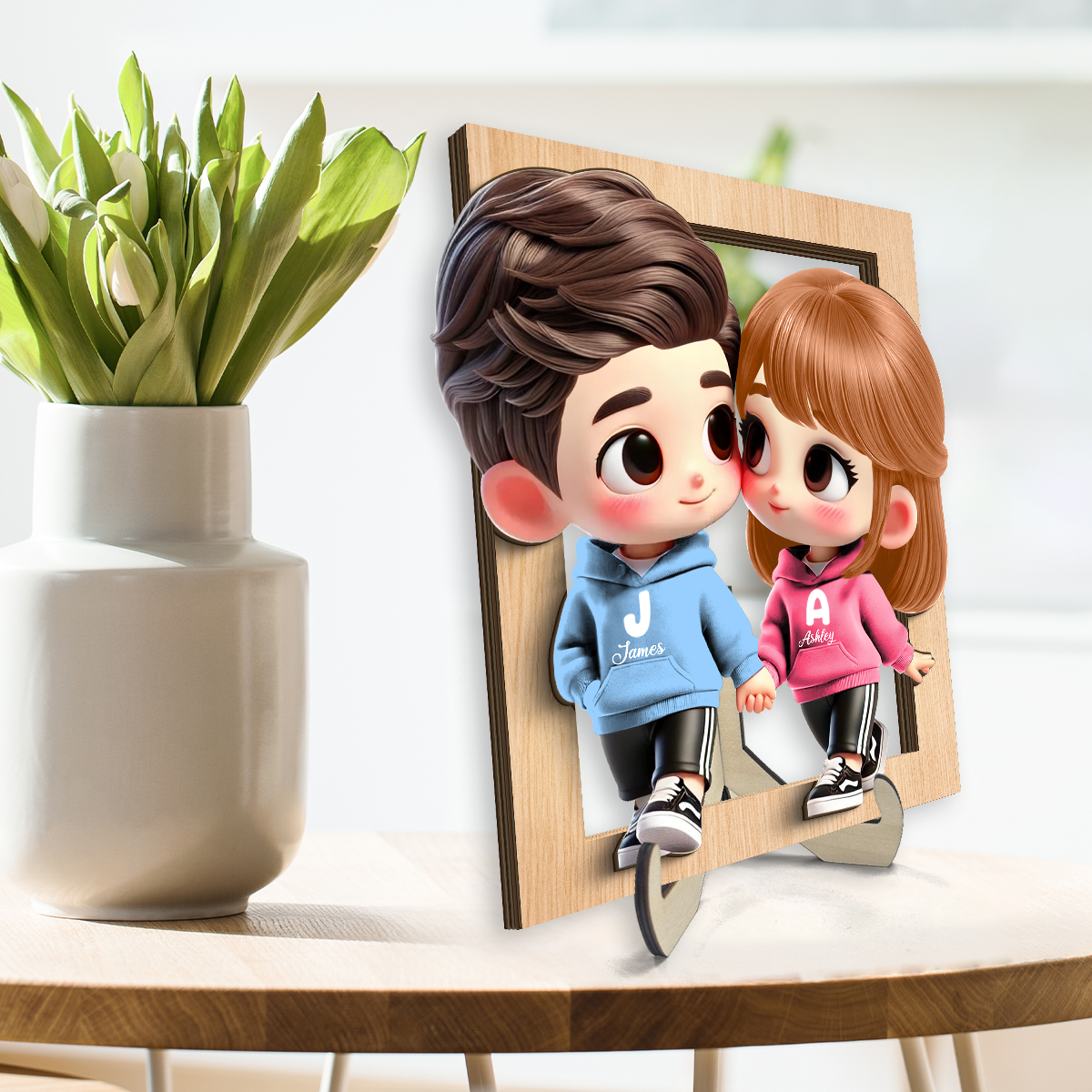 3D Effect Cute Cartoon Couple Holding Hands Personalized 2-Layered Wooden Plaque, Anniversary & Gift for him, Gift for her
