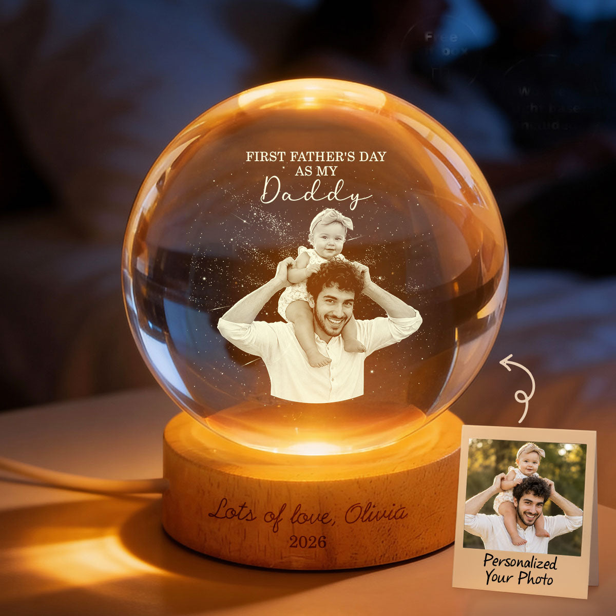 First as My Daddy - Personalized Crystal Ball LED Night Light - Gift for Dad