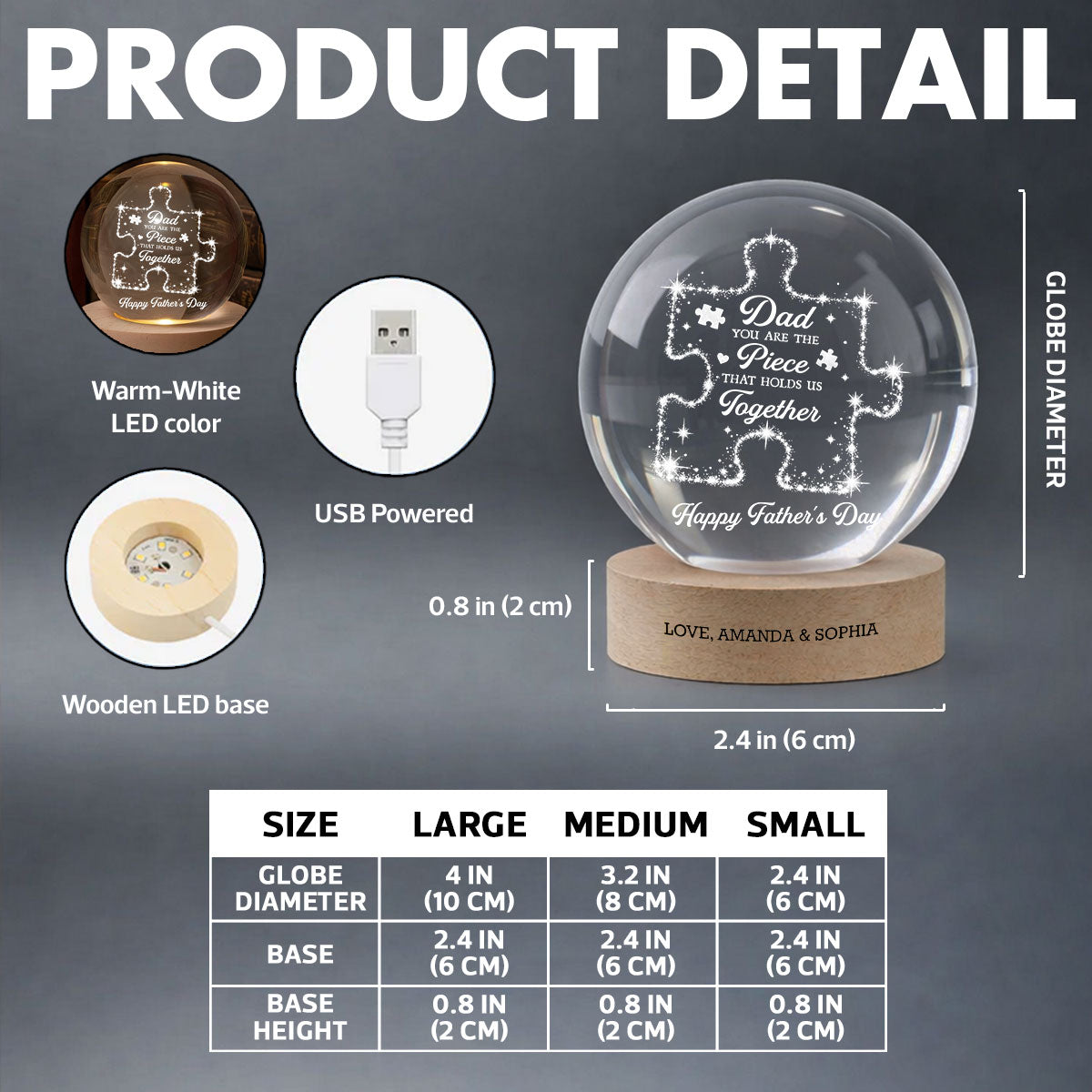 Dad You Are The Piece That Holds Us Together - Personalized Crystal Ball LED Night Light - Gift For Dad