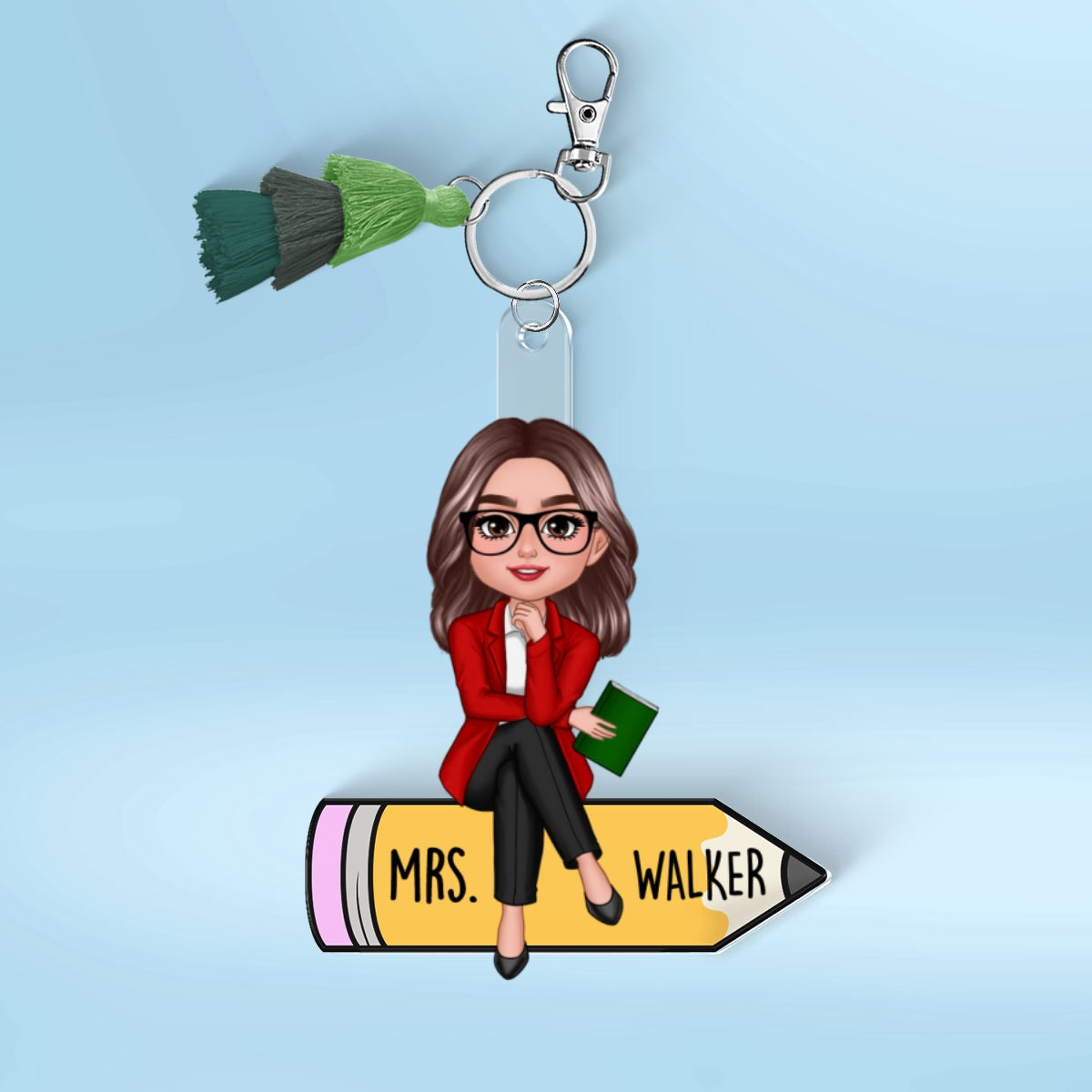 Teacher Sitting On Pencil Personalized 2-Layer Acrylic Keychain