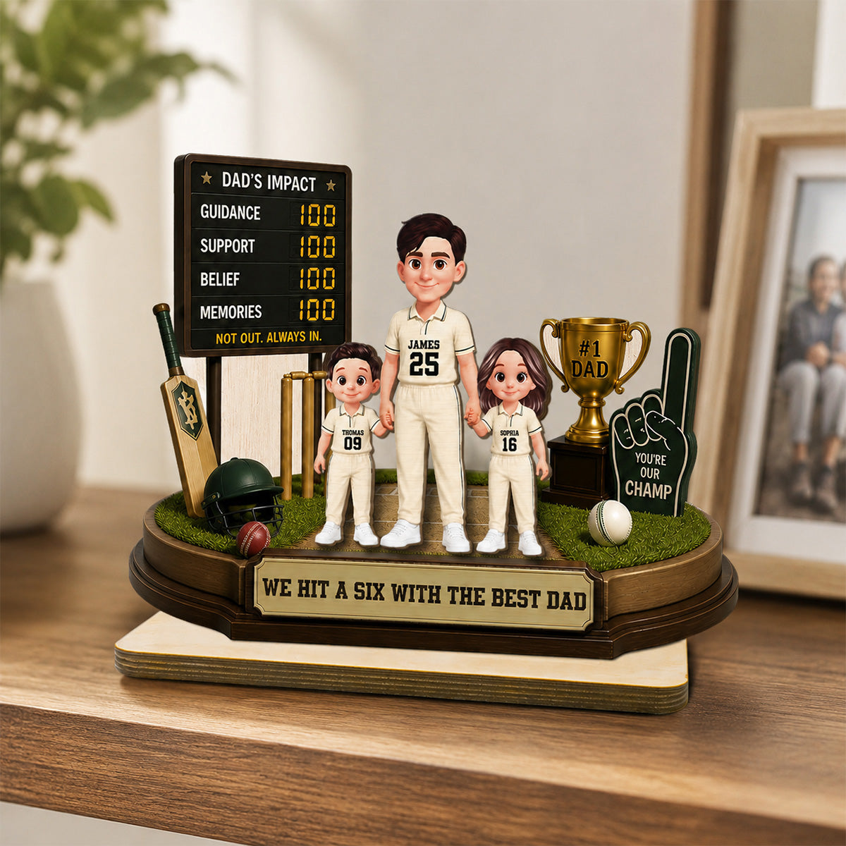 Hit A Six With The Best Dad Cricket Dad & Kids - Personalised 2-Layered Wooden Plaque - Gift For Husband, Dad