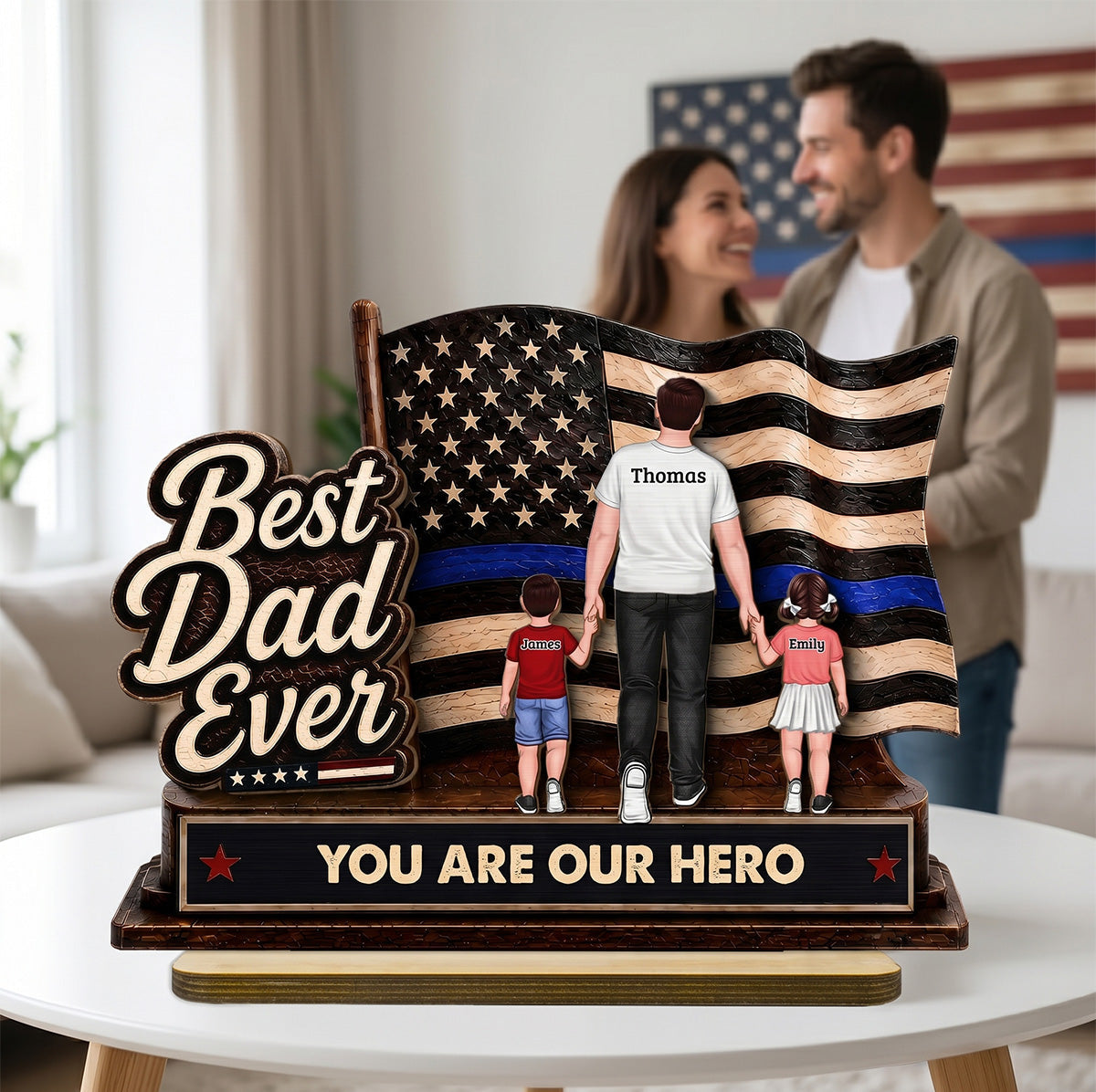 Best Dad Ever Our Hero American Flag 2D Flat - Personalized 2-Layered Wooden Plaque - Gift For Patriotic Dad, Grandpa, Husband