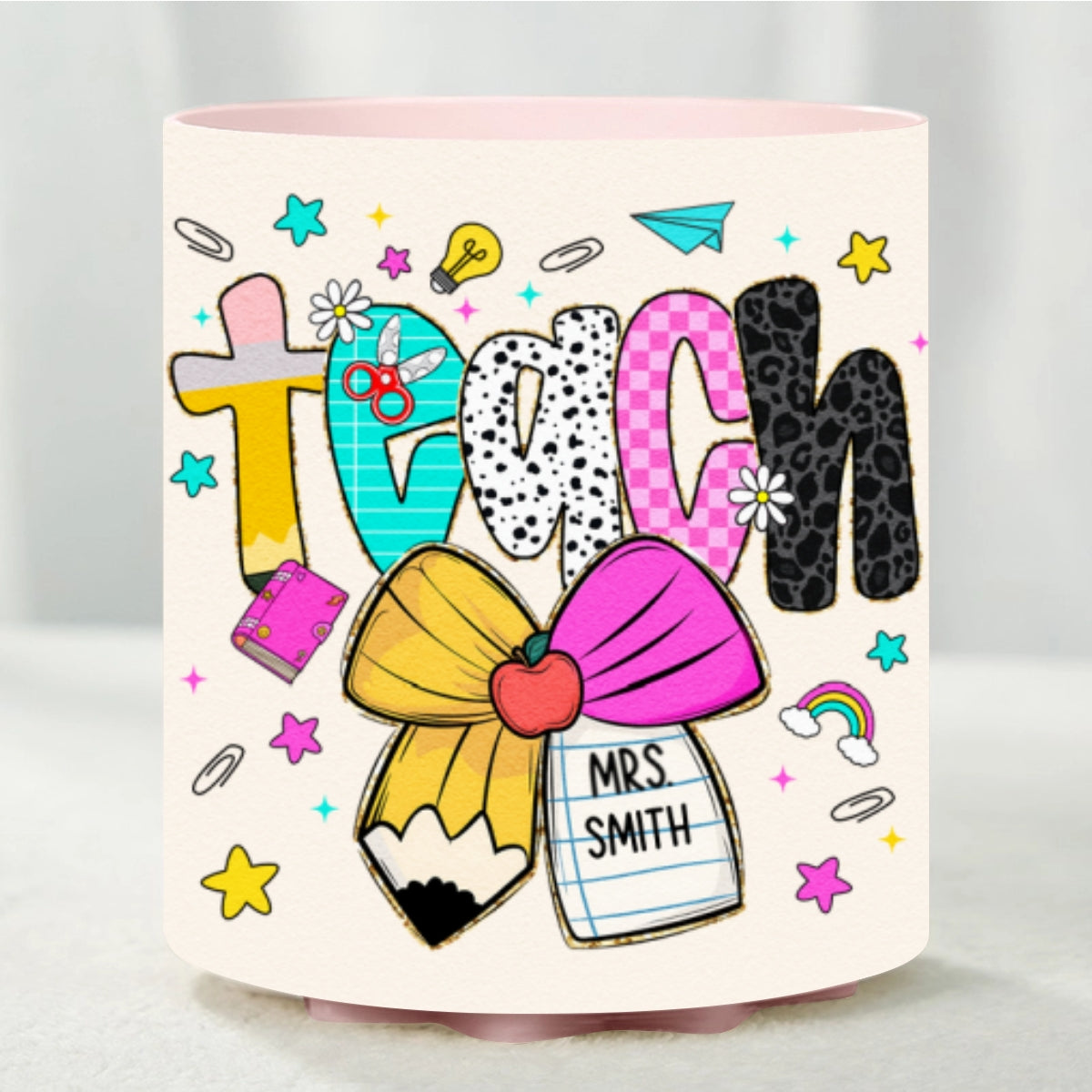 Preppy Teacher Pencil Coquette Bow Doodle Personalized Rotating Pen Holder, Custom Teacher Name, Back to School Gift