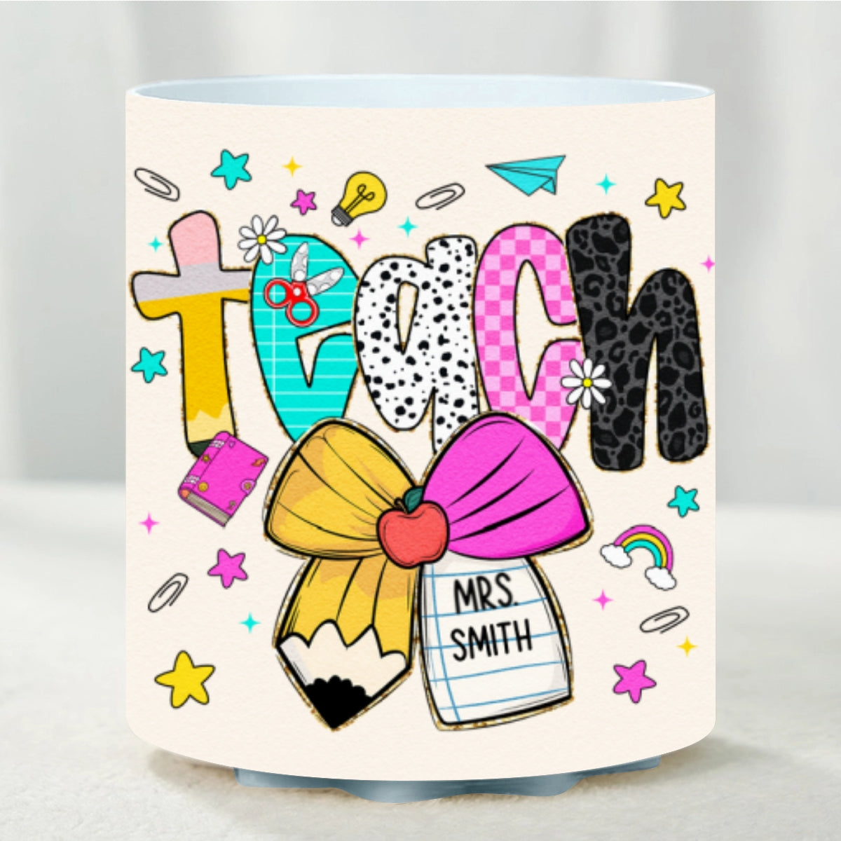 Preppy Teacher Pencil Coquette Bow Doodle Personalized Rotating Pen Holder, Custom Teacher Name, Back to School Gift