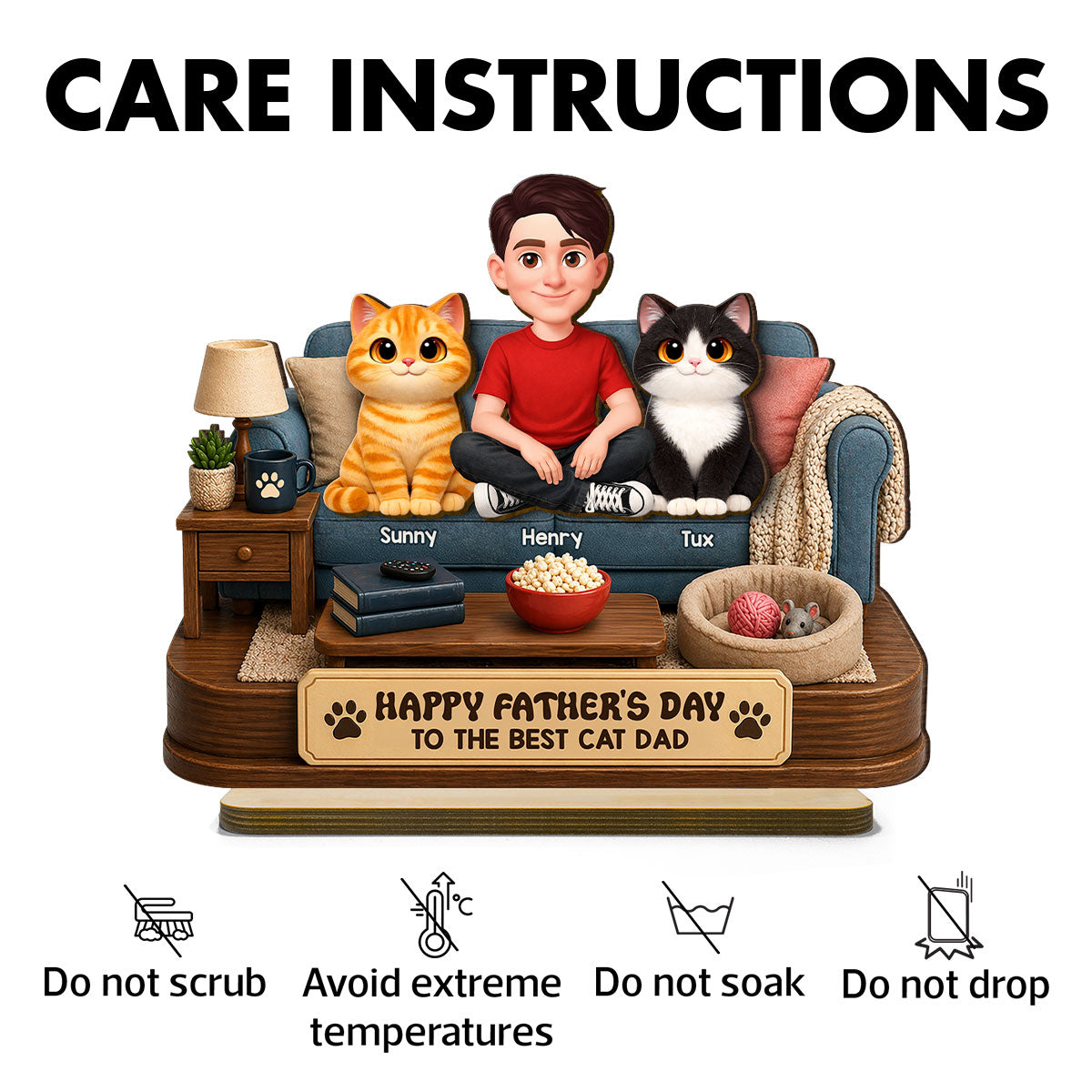 Happy Best Cat Dad - Personalized 2-Layered Wooden Plaque - Gift For Cat Dad, Cat Lovers