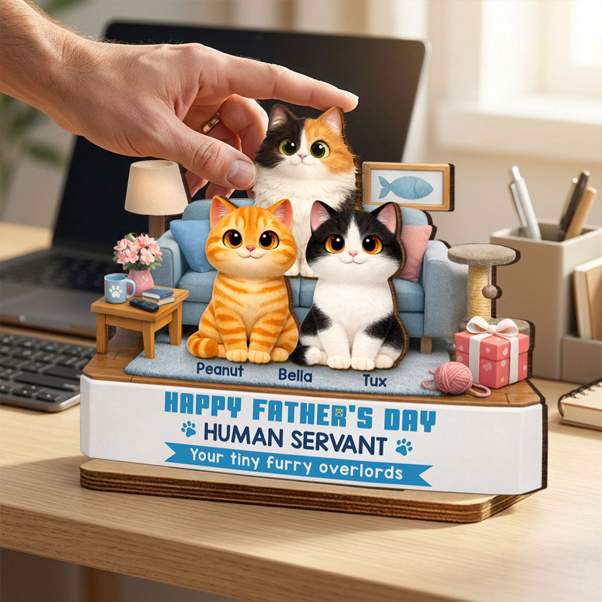 Cat Dad Cute Fluffy Cats Happy Human Servant - Personalized 2-Layered Wooden Plaque - Funny Gift For Cat Dad, Cat Lovers