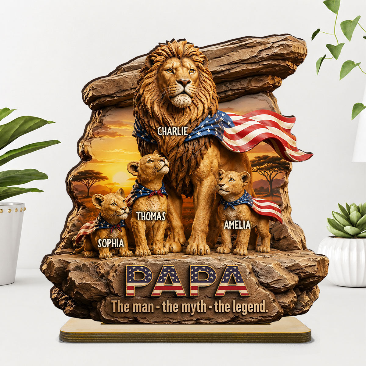 Lion Dad Papa the Legend - Personalized 2-Layered Wooden Plaque - Gift for Dad, Husband
