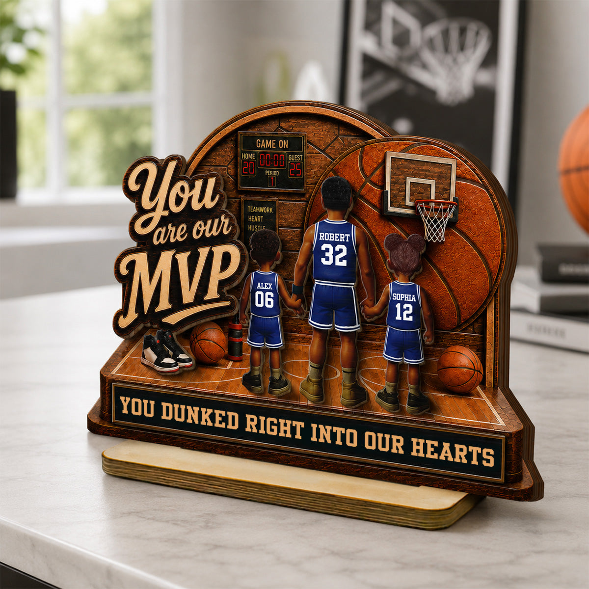 You Are Our MVP Standing Basketball Man & Kids 2D Flat - Personalized 2-Layered Wooden Plaque - Gift For Basketball Dad