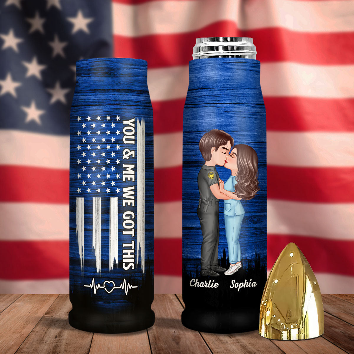 Hero Couple Hugging Kissing Half Flag Gift by Occupation Gift For Her Gift For Him Personalized Bullet Tumbler