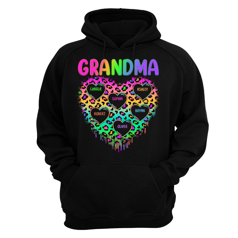 Neon Leopard Grandma Hearts In Hearts Grandkids Names Personalized Shirt