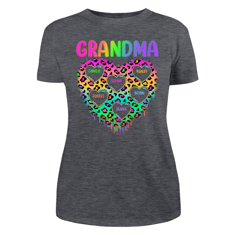 Neon Leopard Grandma Hearts In Hearts Grandkids Names Personalized Shirt