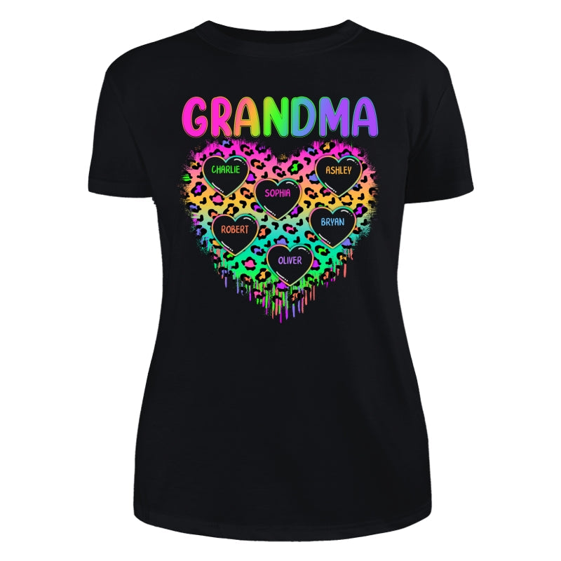 Neon Leopard Grandma Hearts In Hearts Grandkids Names Personalized Shirt