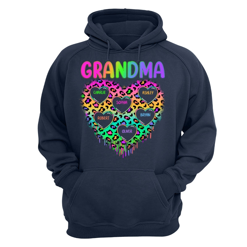 Neon Leopard Grandma Hearts In Hearts Grandkids Names Personalized Shirt