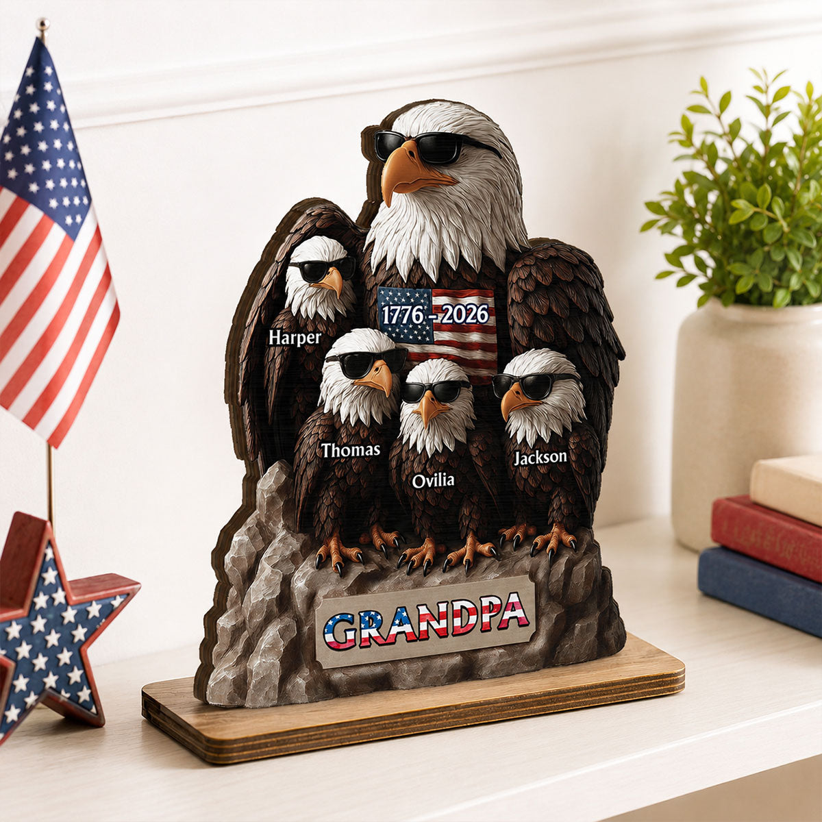 America 250th Anniversary Patriotic Eagle Grandpa Dad & Kids - Personalized 2-Layered Wooden Plaque - Gift, 250th Anniversary Gift, Keepsake For Grandpa, Dad