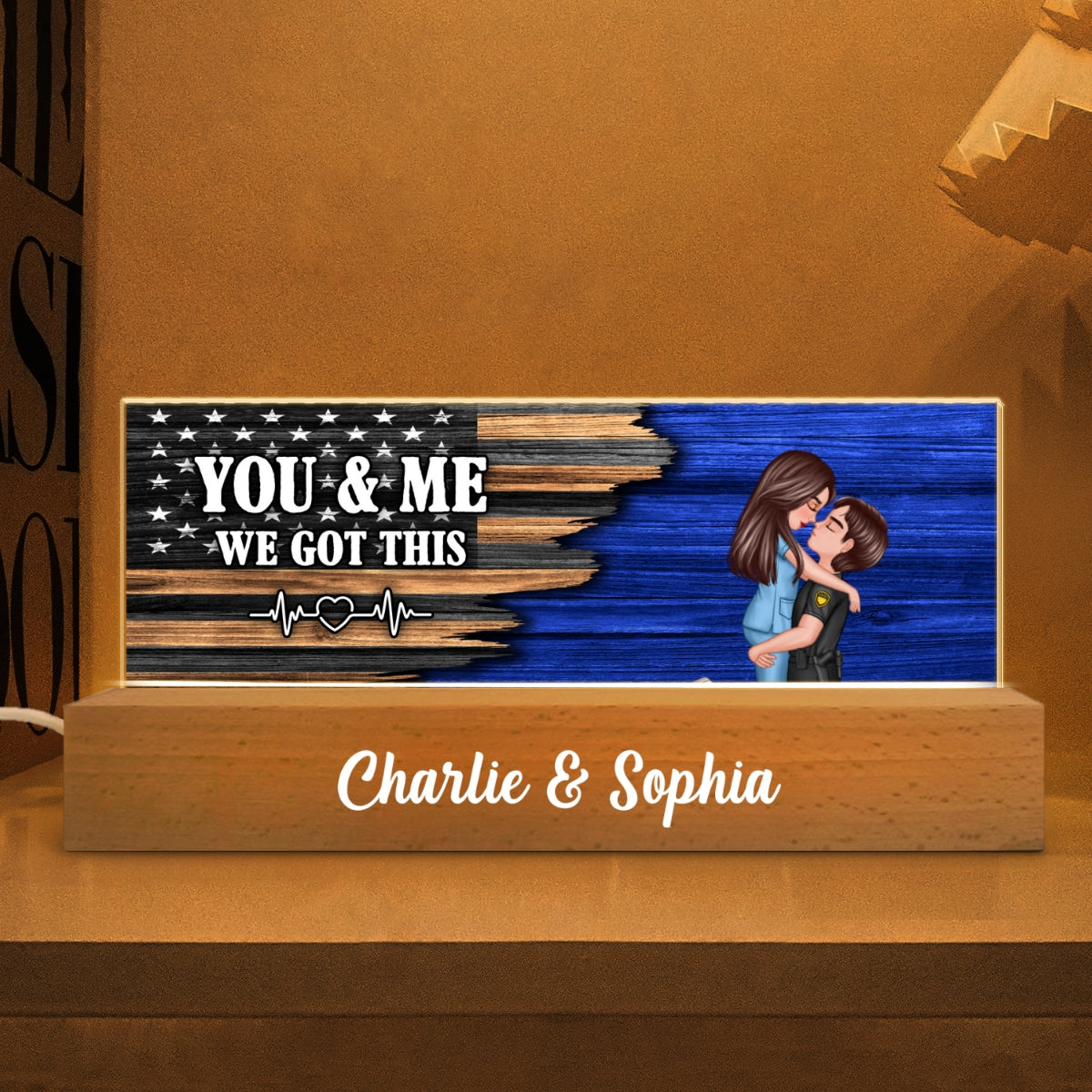 Hero Couple Hugging Kissing Half Flag Gift by Occupation Personalized Acrylic Block LED Night Light