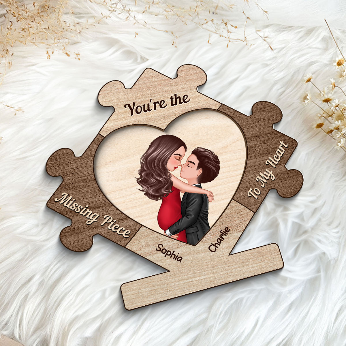 Couple Kissing In Puzzle Piece Personalized 2-layer Wooden Plaque, Gift For Him, For Her