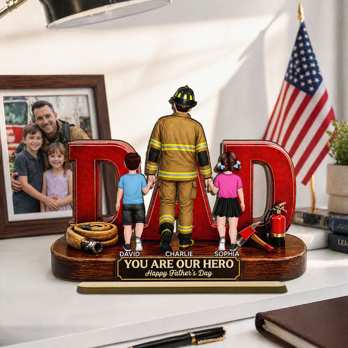 Proud Firefighter Dad You Are Our Hero - Personalized 2-Layered Wooden Plaque - Unique Trending Gift For Dad, Husband