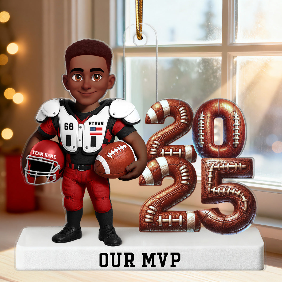 Proud American Football Player Standing By Year 3D Effect - Personalized Acrylic Ornament
