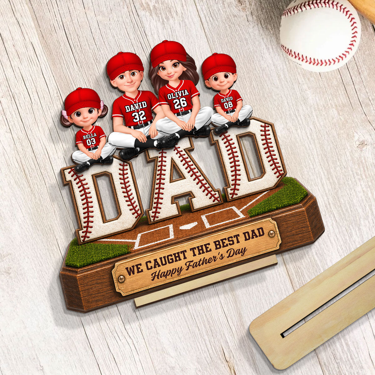 Baseball DAD We Caught The Best Dad - Personalized 2-Layered Wooden Plaque - Gift For Dad