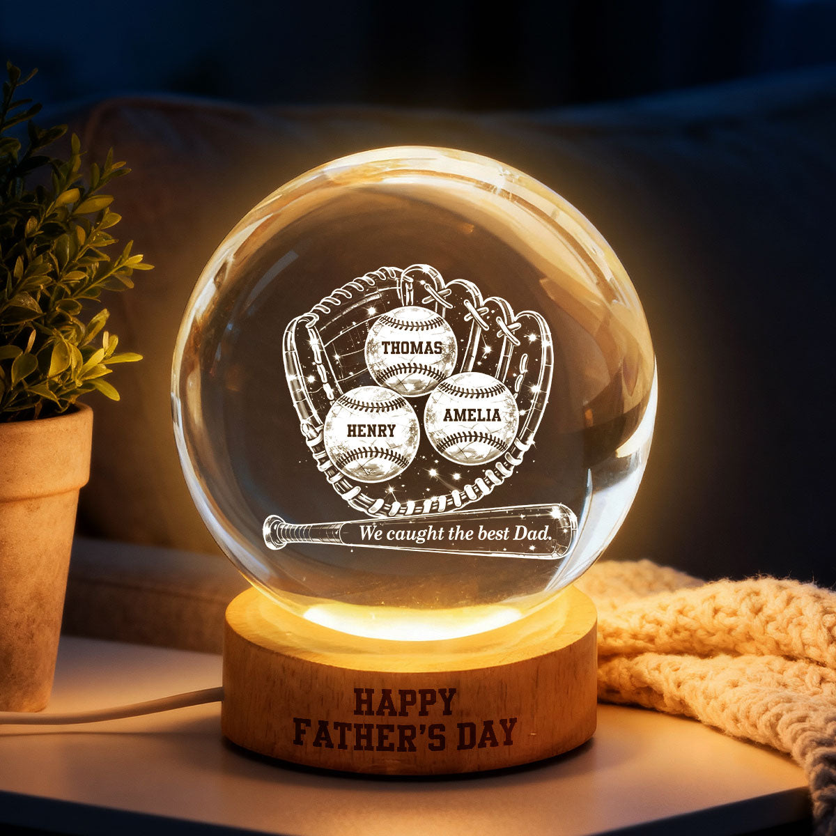 Happy Baseball Dad - Personalized Crystal Ball LED Night Light - Gift for Dad, Husband