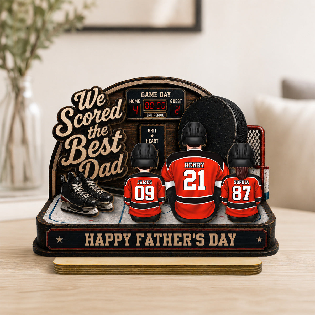 Hockey Dad & Kids Sitting On Court 2D Flat - Personalized 2-Layered Wooden Plaque - Gift For Hockey Dad