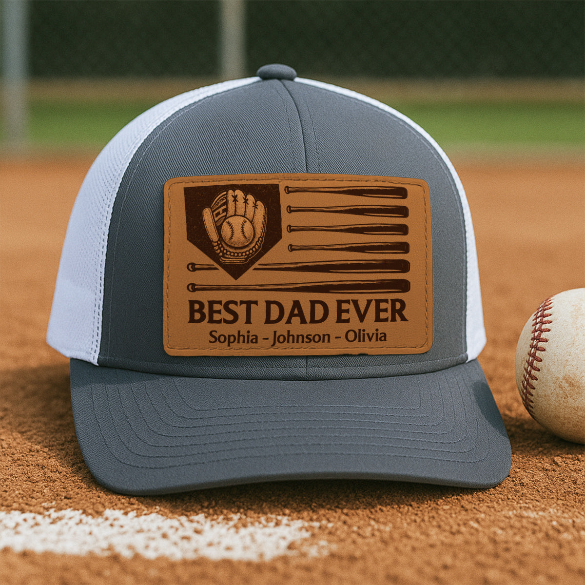 Dad's Home Run Best Dad Ever Baseball Themed Personalized Leather Patch Hat
