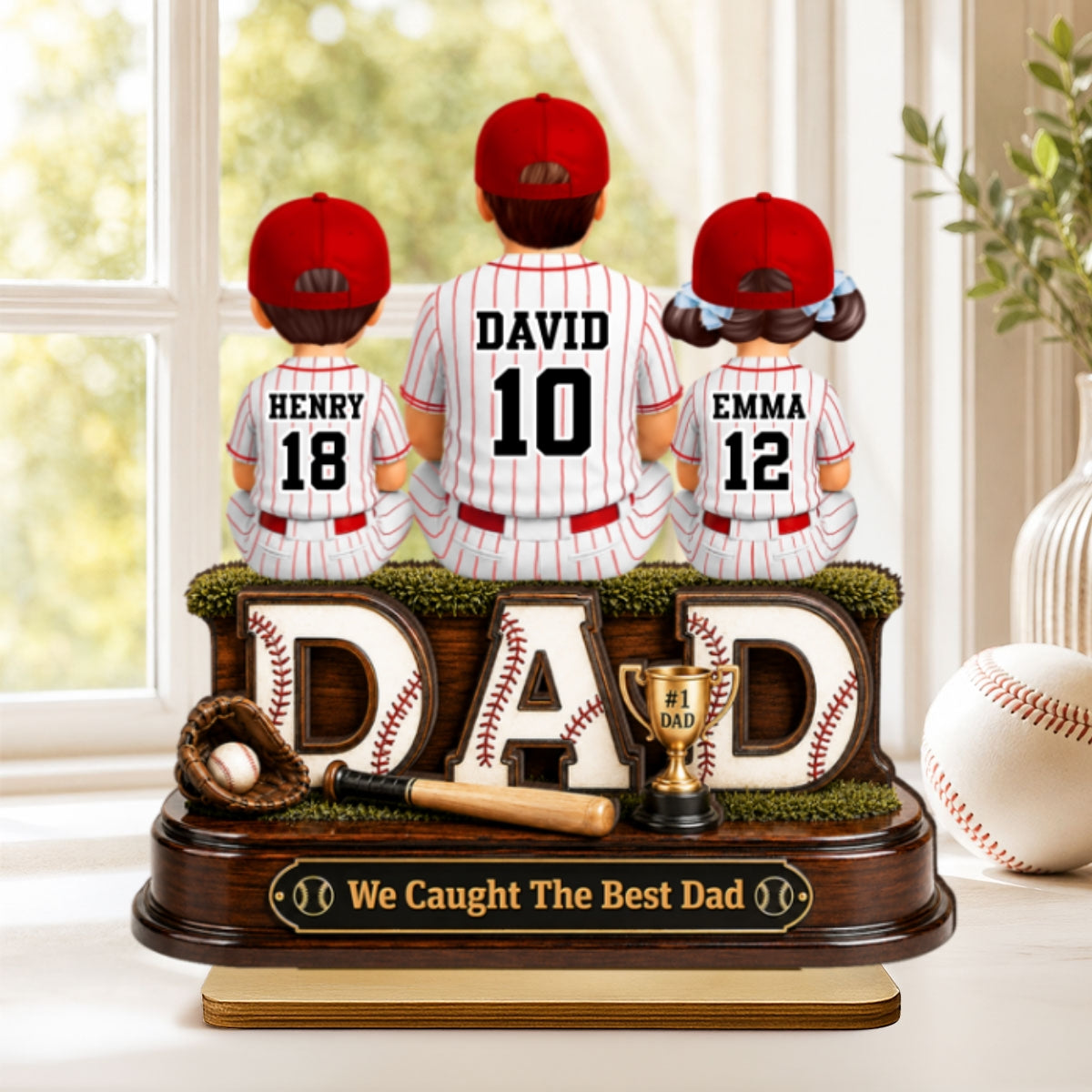 Baseball Dad and Children We Caught the Best Dad - Personalized 2-Layered Wooden Plaque - Gift for Dad, Husband