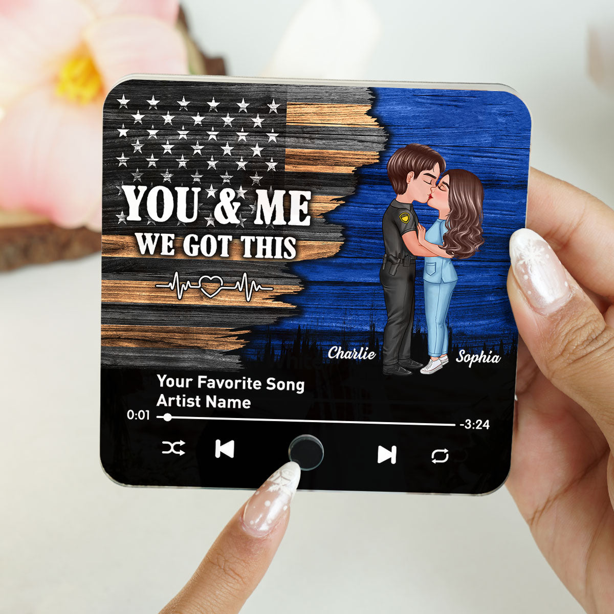 Hero Couple Kissing Half Flag Gift by Occupation Personalized Music Fridge Magnet, Gift For Him, For Her