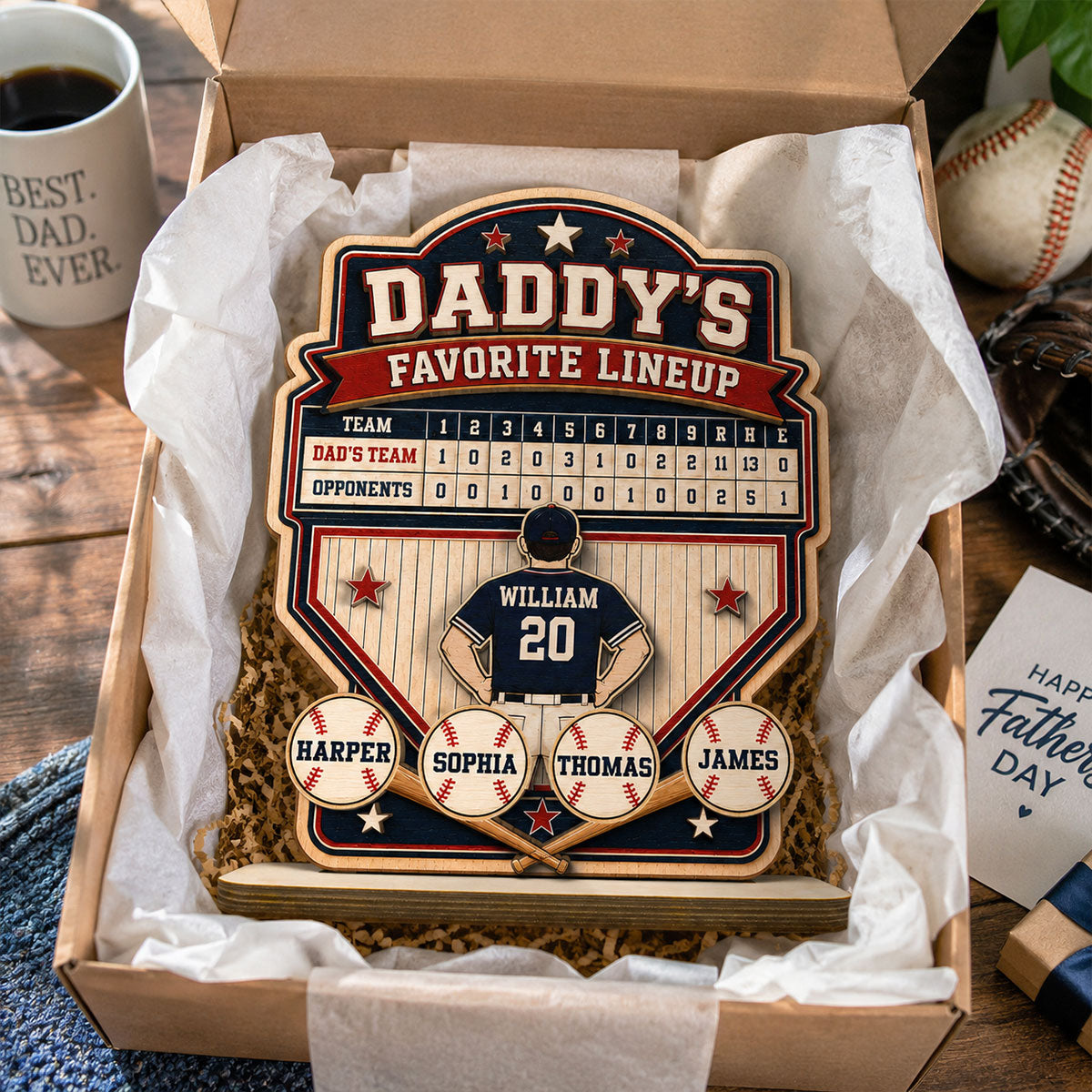Baseball Dad Favorite Lineup - Personalized Wooden Plaque - Gift for Dad, Husband