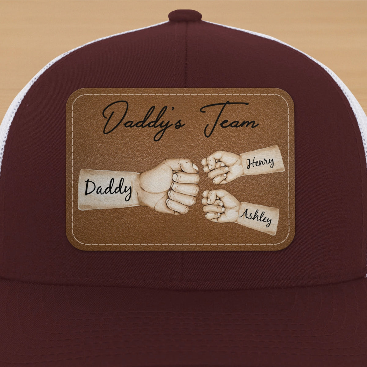 Daddy's Team Fist Bump Personalized Leather Patch Hat, Trucker Cap| Cool Father's Day Gift For Dad, Husband
