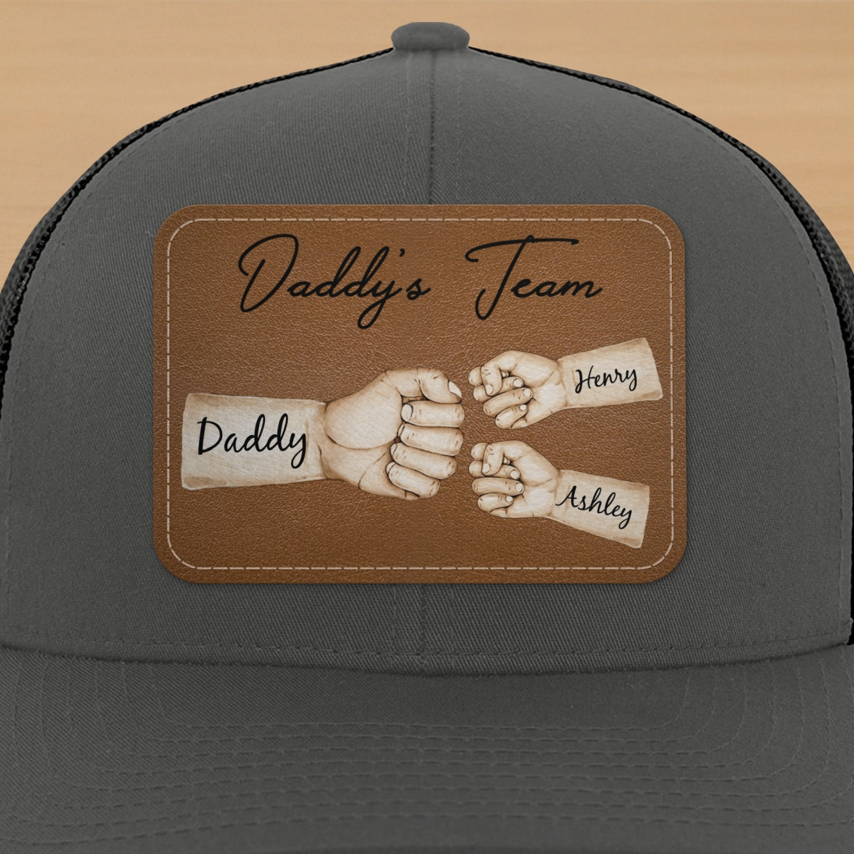 Daddy's Team Fist Bump Personalized Leather Patch Hat, Trucker Cap| Cool Father's Day Gift For Dad, Husband