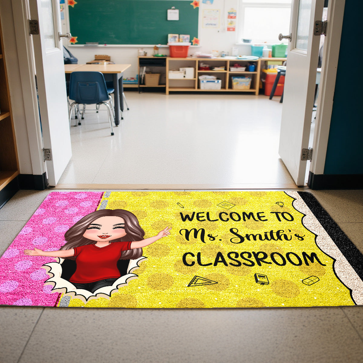 Welcome To My Class Happy Teacher Pencil Theme Personalized Doormat, Classroom Decor