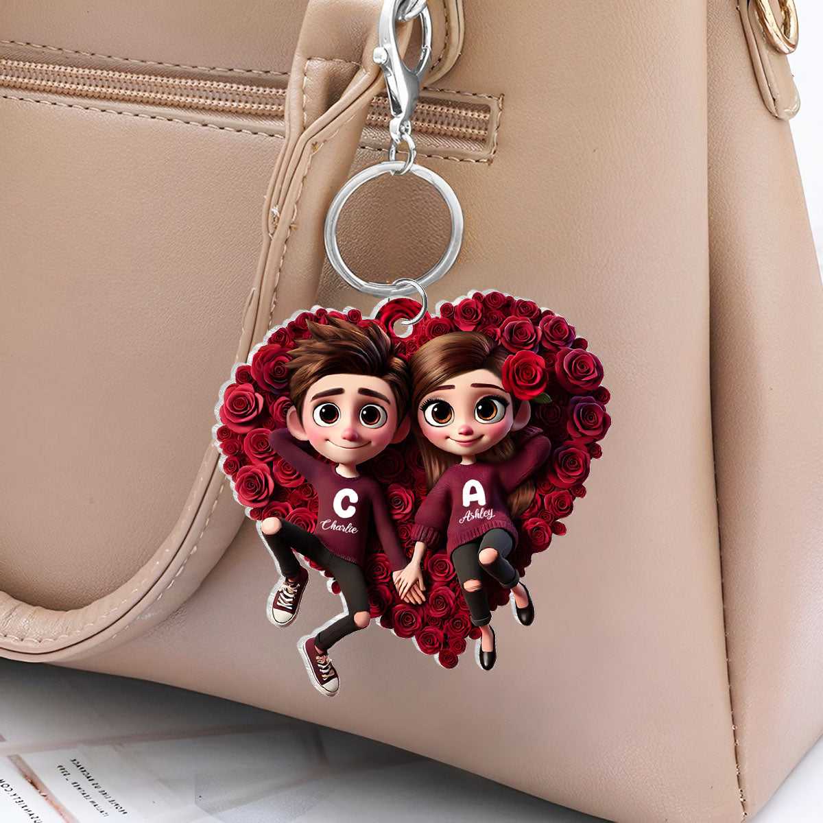 Rose Heart Couple Personalized Acrylic Keychain, Gift for her, Gift for him