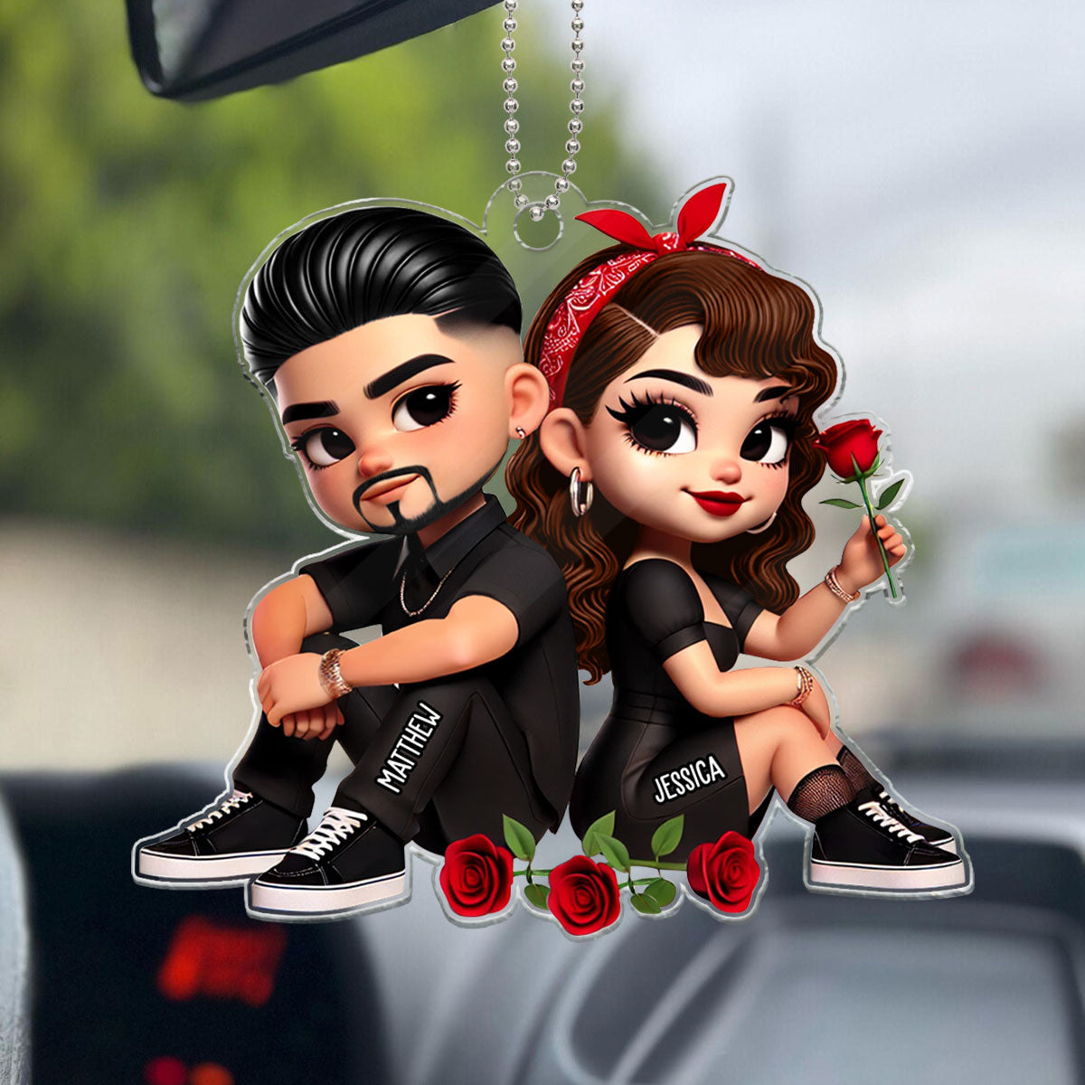 Pretty Couple Roses Heart Personalized Acrylic Car Hanger, Anniversary Gift, Gift for Couples