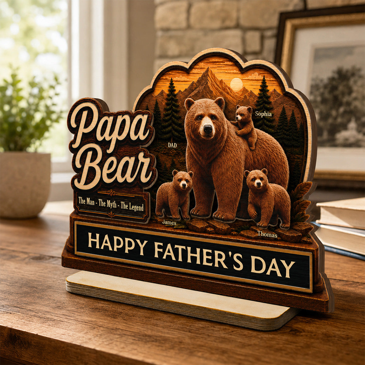 Papa Bear The Man The Myth The Legend 2D Flat - Personalized 2-Layered Wooden Plaque - Gift For Husband, Dad