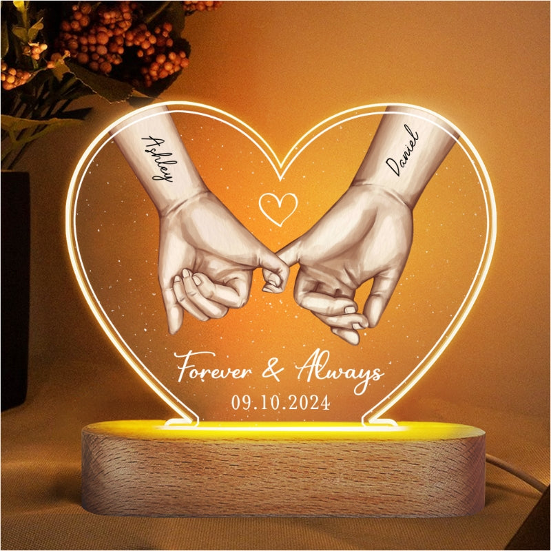 Personalized Couple Hands Pinky Promise Acrylic Heart LED Night Light, gift, Anniversary Gift for Couples
