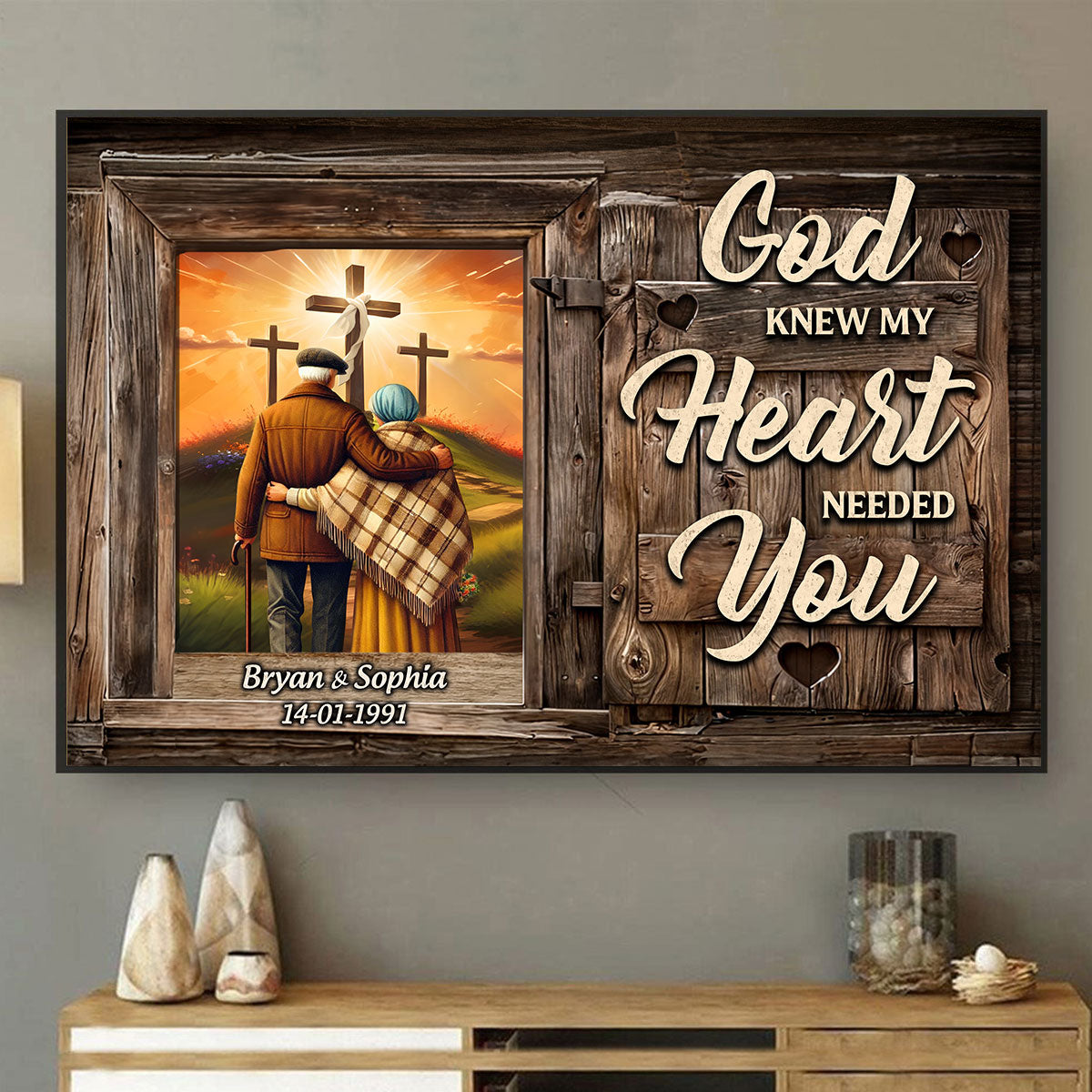 Cross God Knew My Heart Needed You Old Couple Walking Hugging Personalized Poster, Anniversary Gift For Him, Her, Husband, Wife