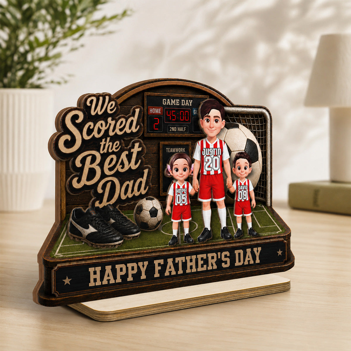 Soccer Dad & Kids On Court 2D Flat - Personalized 2-Layered Wooden Plaque - Gift For Soccer Dad, UK Football Dad