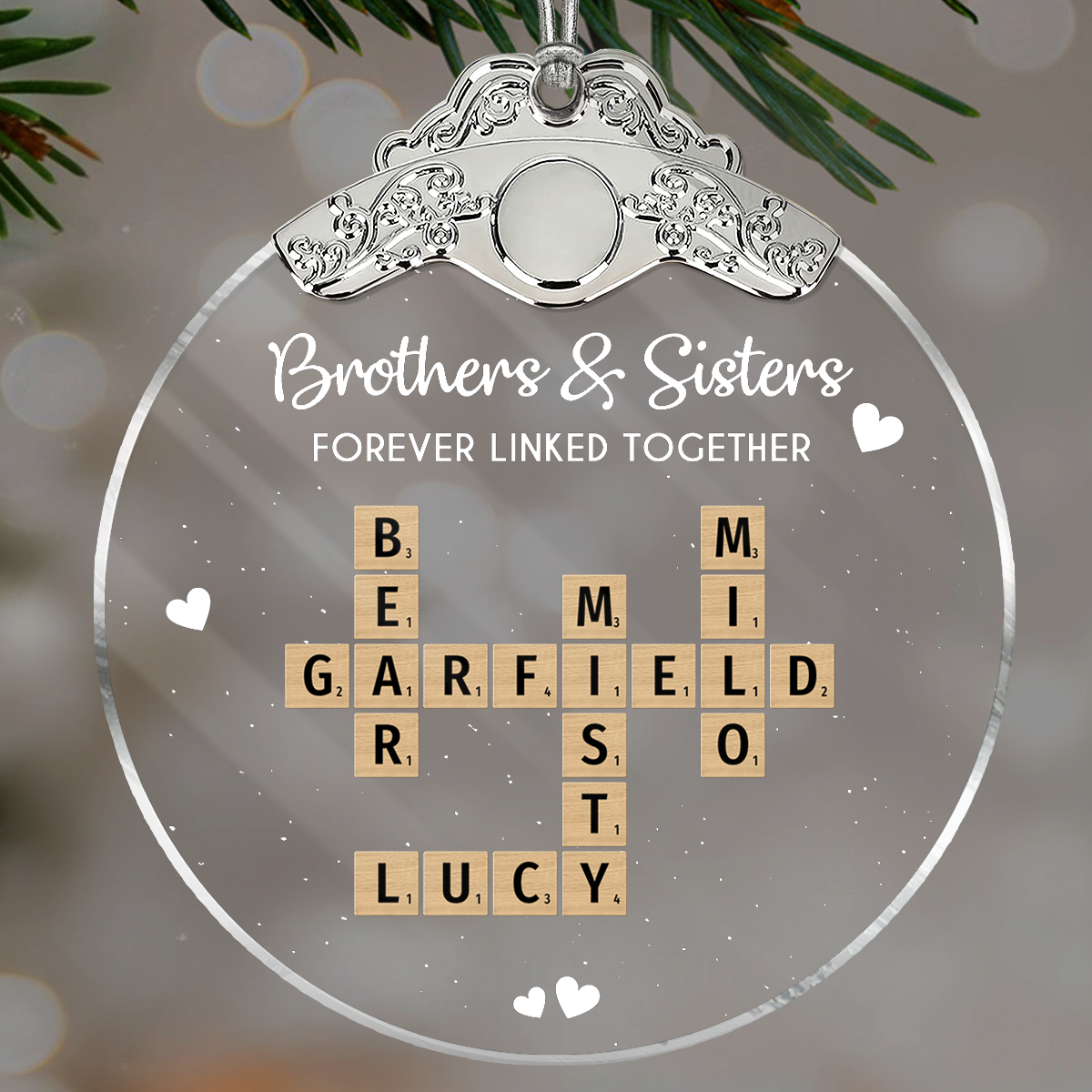 Brothers Sisters Siblings Forever Linked Together Crossword Puzzle Art - Personalized Glass Ornament With Silver Cap - Gift For Siblings, Brothers, Sisters