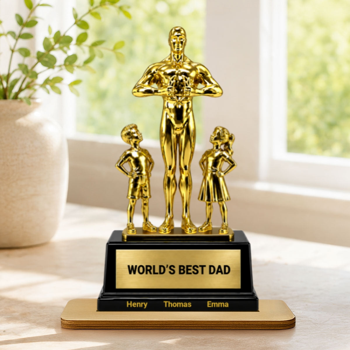 World's Best Dad Trophy - Personalized 2-Layered Wooden Plaque - Gift for Dad, Husband