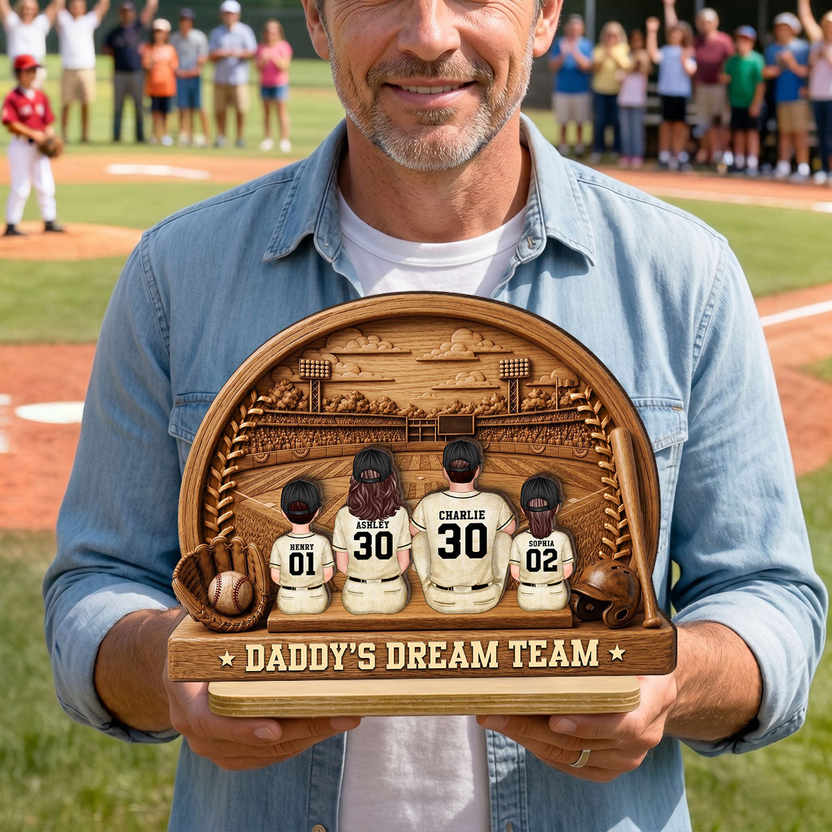 Retro Vintage Baseball Daddy's Dream Team - Personalized 2-Layered Wooden Plaque - Gift For Dad