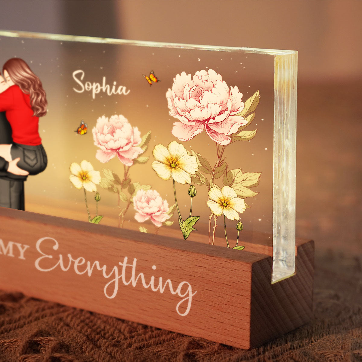 Couple Embracing Kissing Birth Month Flower Personalized Acrylic Block LED Night Light, Heartfelt 2025 Gift For Couple, For Him, For Her, Boyfriend, Girlfriend, Husband, Wife
