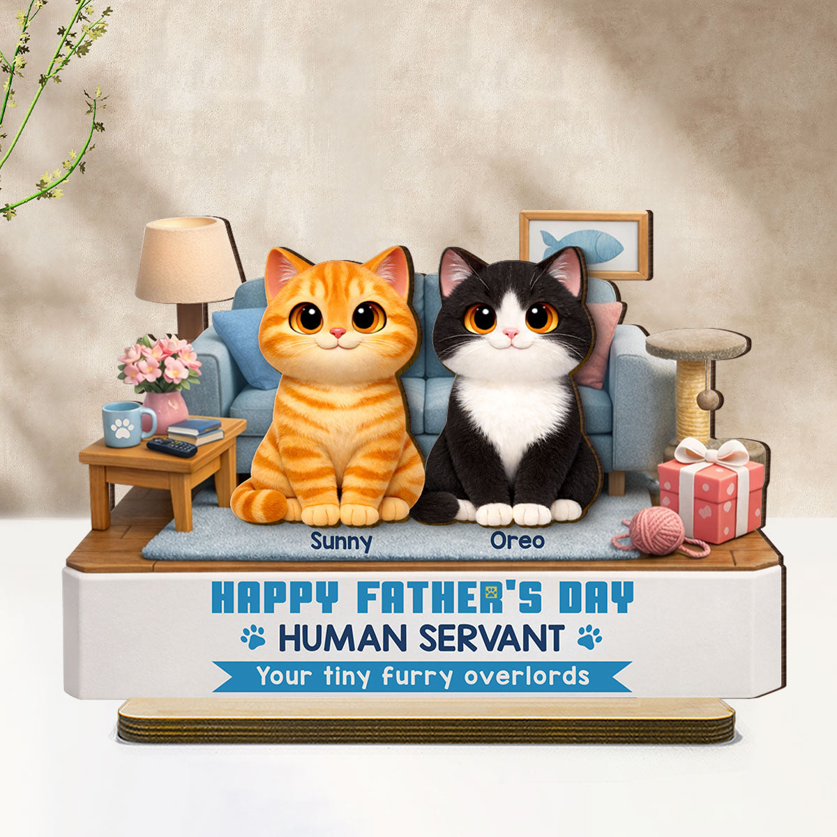 Cat Dad Cute Fluffy Cats Happy Human Servant - Personalized 2-Layered Wooden Plaque - Funny Gift For Cat Dad, Cat Lovers