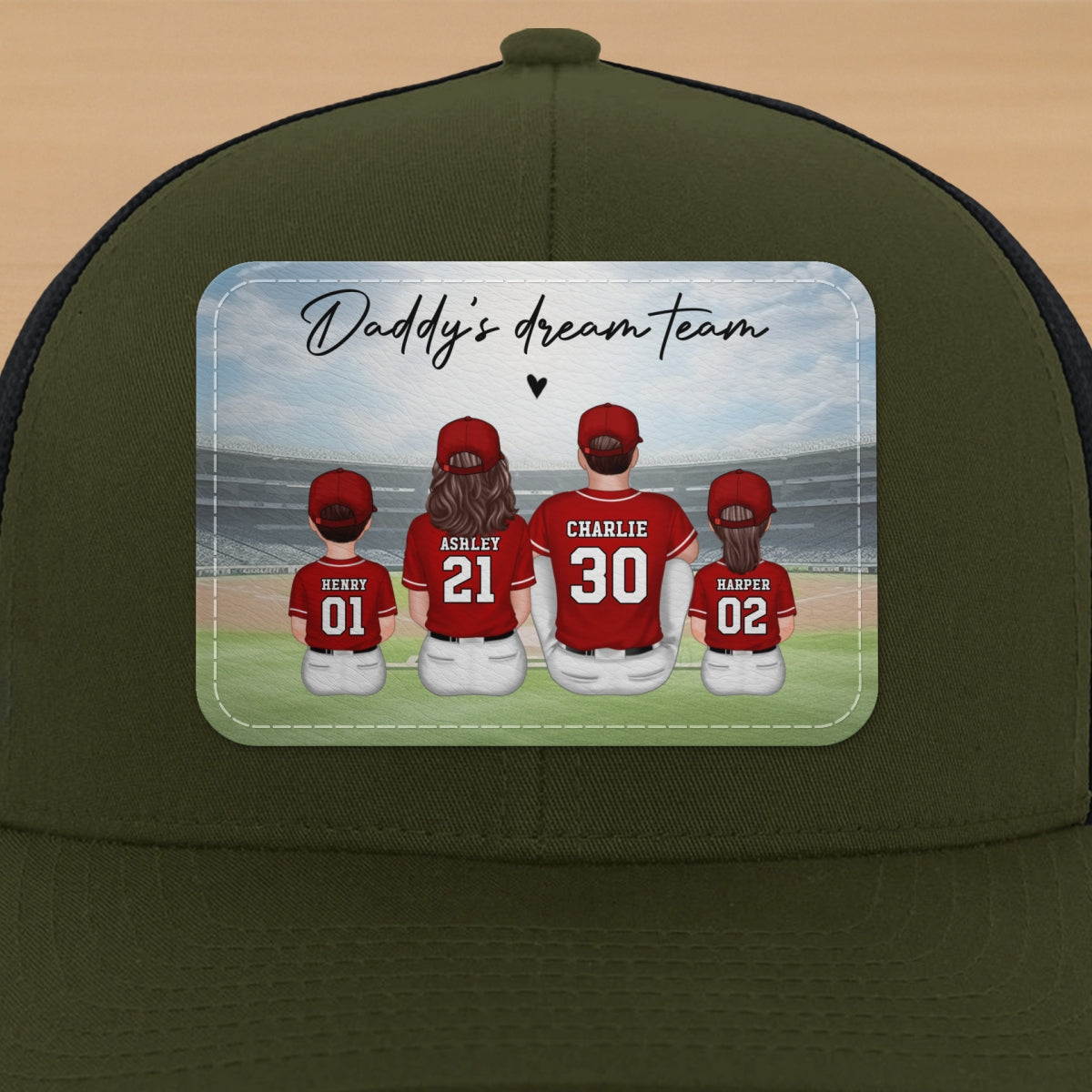 Baseball Daddy's Team Man & Kids Sitting Personalized Leather Patch Hat