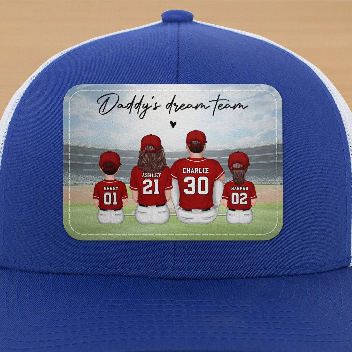 Baseball Daddy's Team Man & Kids Sitting Personalized Leather Patch Hat